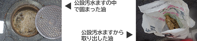 公設汚水ますの中で固まった油/取り出した油